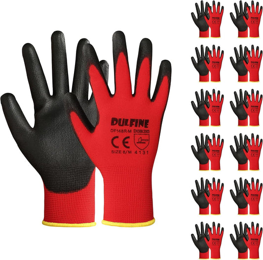 DULFINE Safety Work Gloves PU Coated-12 Pairs,Red Seamless Knit Glove with Polyurethane Coated Smooth Grip on Palm & Fingers, for Men and Women, Ideal for General Duty Work (Extra Large)