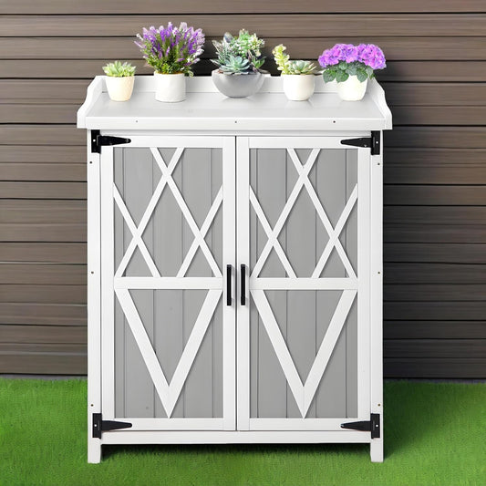 Outdoor Cabinet with Metal Tabletop Garden Potting Bench Table - Outdoor Garden Patio Wooden Storage Cabinet with Adjustable Shelf, Wooden Storage Cabinets, Weatherproof for Garden Patio Lawn
