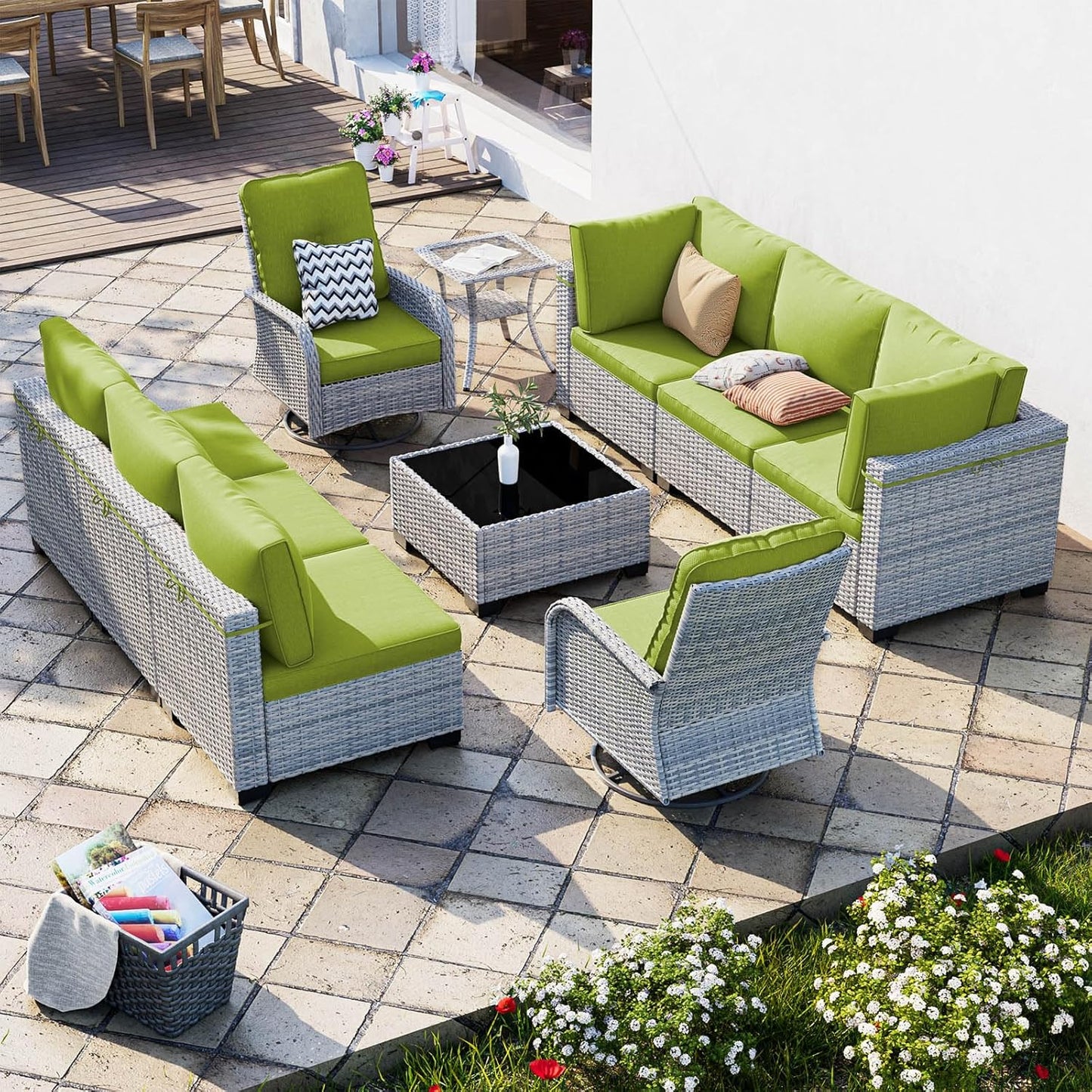 10-Piece Patio Furniture Set, Outdoor Patio Furniture with Swivel Chairs Set, Thick Cushions, Modular Patio Sofa, Dual-Strand Rattan, Rust-Resistant Frame, Grass Green