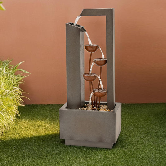 XBrand Sculptural Freestanding Metal Multi-Tiered Water Fountain w/Flowers, No LED Lights, Gray and Bronze, 38" Tall