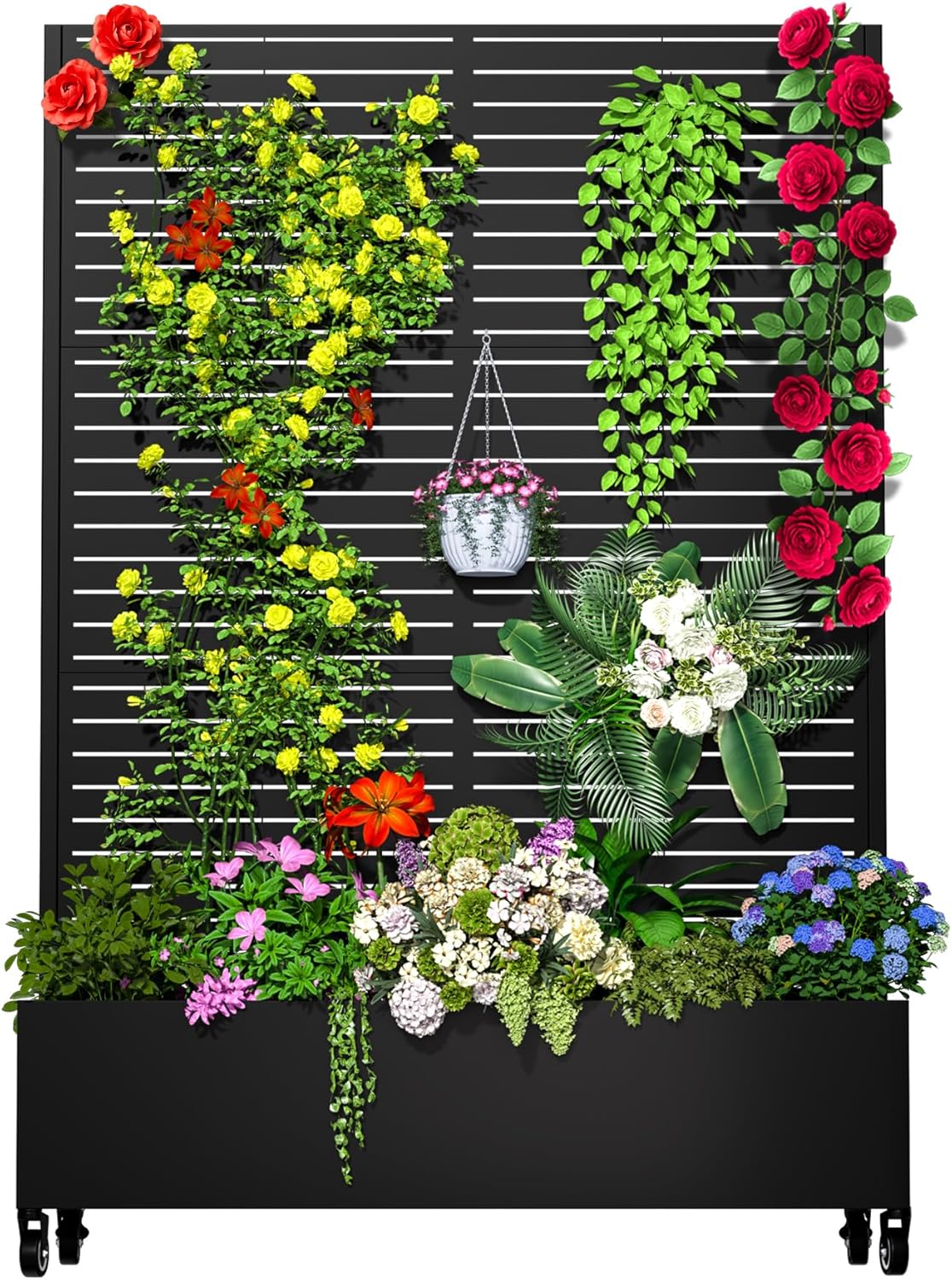Metal Planter Box with Trellis, 72"x47"x16" Outdoor Galvanized Raised Garden Bed with Privacy Screen & Drainage Holes & Lockable Casters for Climbing Plants, Vegetable, Vines (Black-Louvered)
