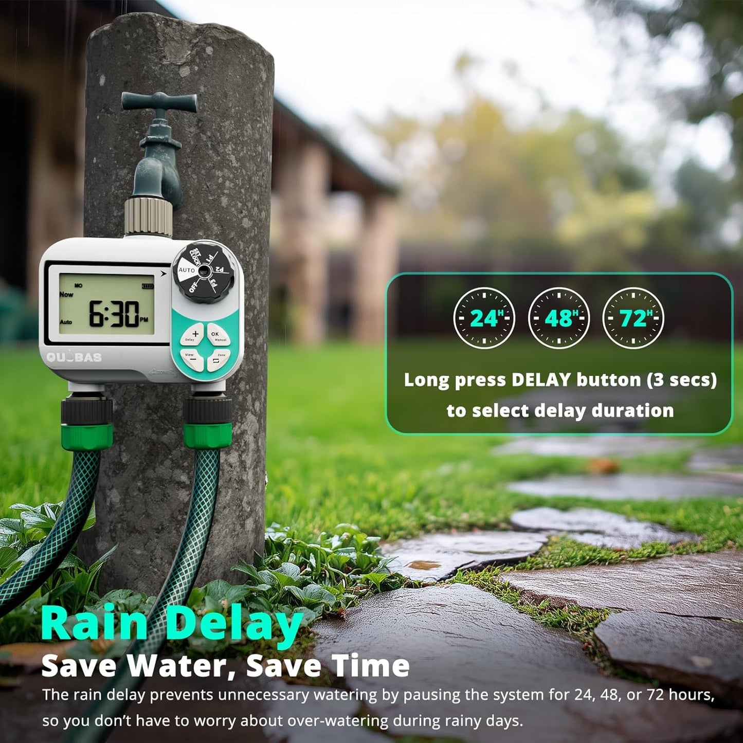 QUOBAS Weekly Plan 2 Zone Sprinkler Timer with Metal Inlet & Outlet, Water Timer for Garden Hose with Rain Delay/Manual Watering/Automatic Watering Controller System for Watering Lawn, Yard, Garden