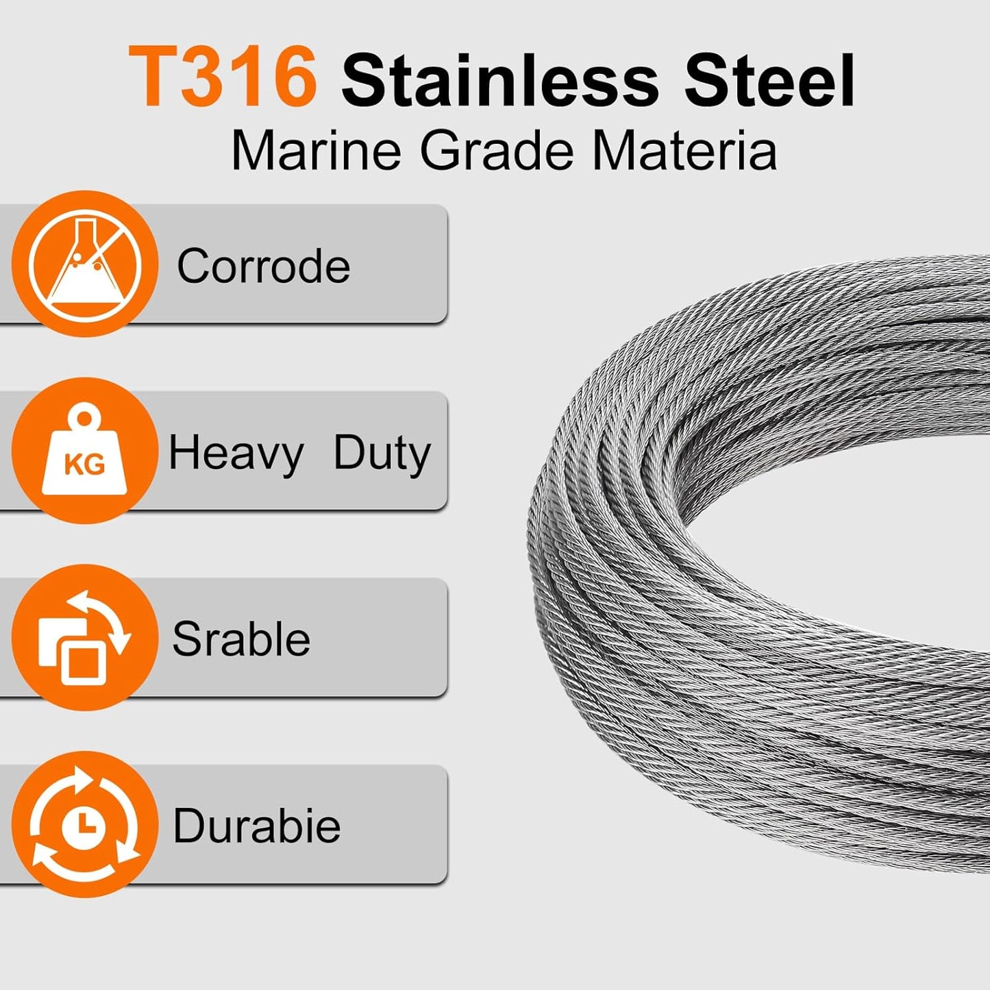 100FT 1/16" Wire Rope Kit, 7x7 Marine Stainless Steel Strand Core, T316 Strength for Hanging, Aircraft, Yard, Garden, Deck Railing, Trellis Wire with Crimping Sleeves, Thimbles