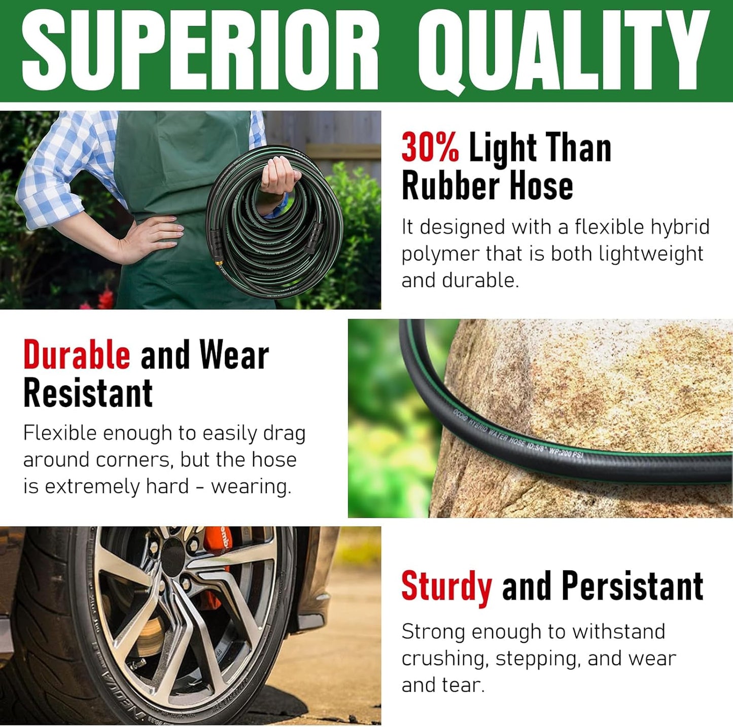 Heavy Duty Garden Hose 100ft, NON-EXPANDABLE Flexible Water Hose, Kink Resistant Lightweight Hybrid Hose, Leakproof Hose Male to Female Fittings