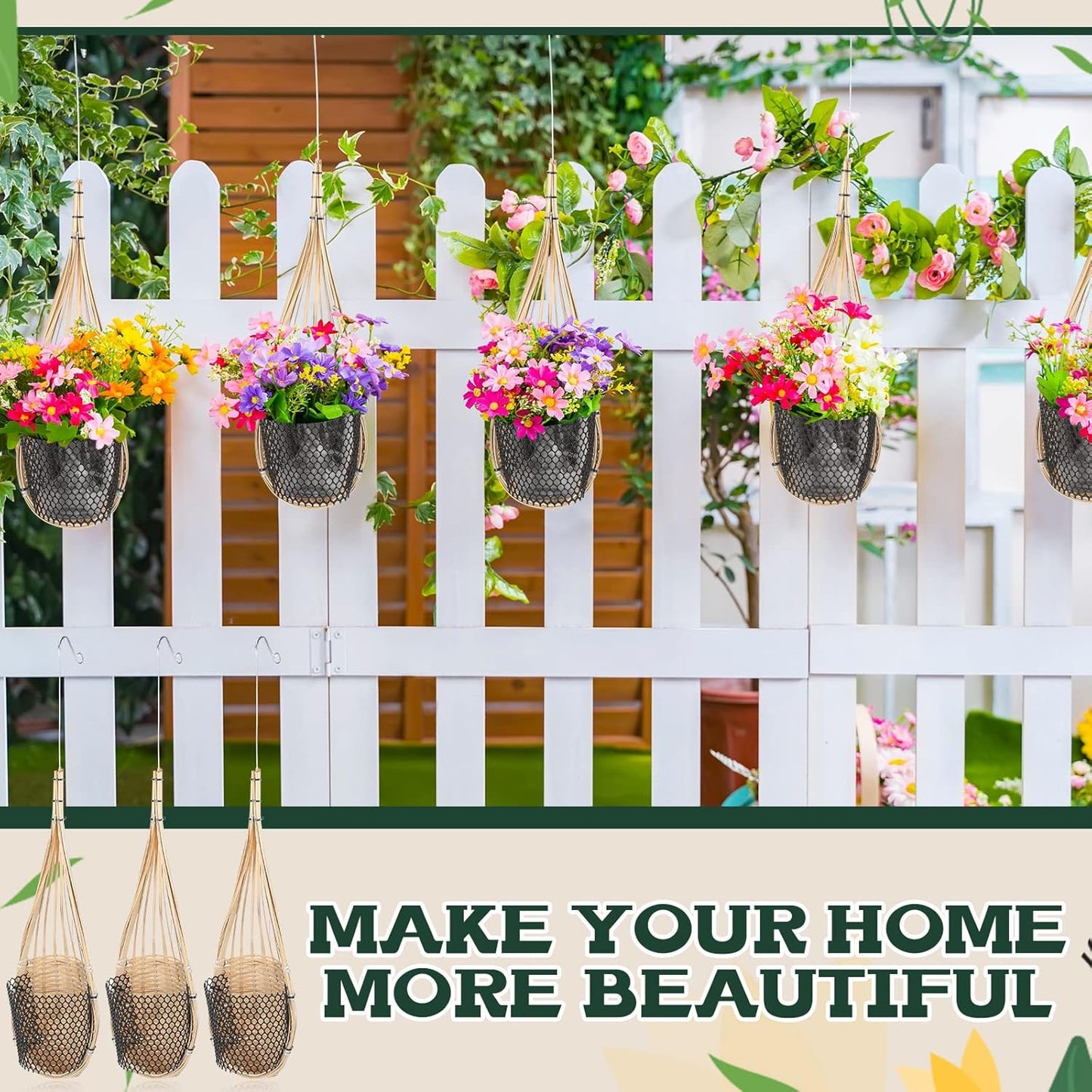 10 Pack Hanging Orchid Planter Thai Bamboo Woven 4 Inch Bird Nest Style Orchid Hanging Basket Bamboo Flower Basket with Metal Hook for Trellis Gazebo Indoor Outdoor Wall Small Flower Planter