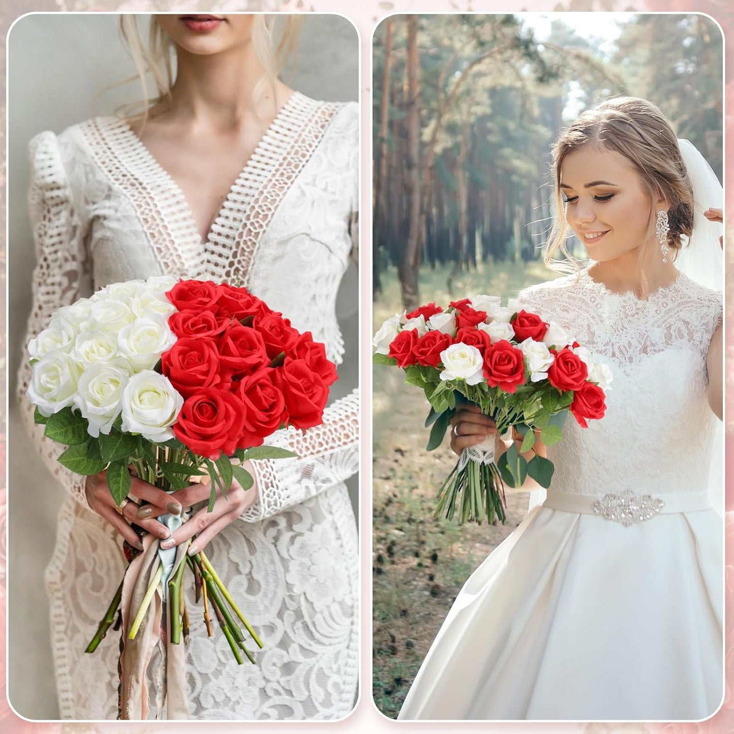 36 Pcs Red and White Rose Artificial Roses Flowers Bouquet Centerpiece,Fake Silk Rose Stem Realistic Artificial Flowers Bulk for Bridal Wedding Bouquet Ball Arrangement Party Decor