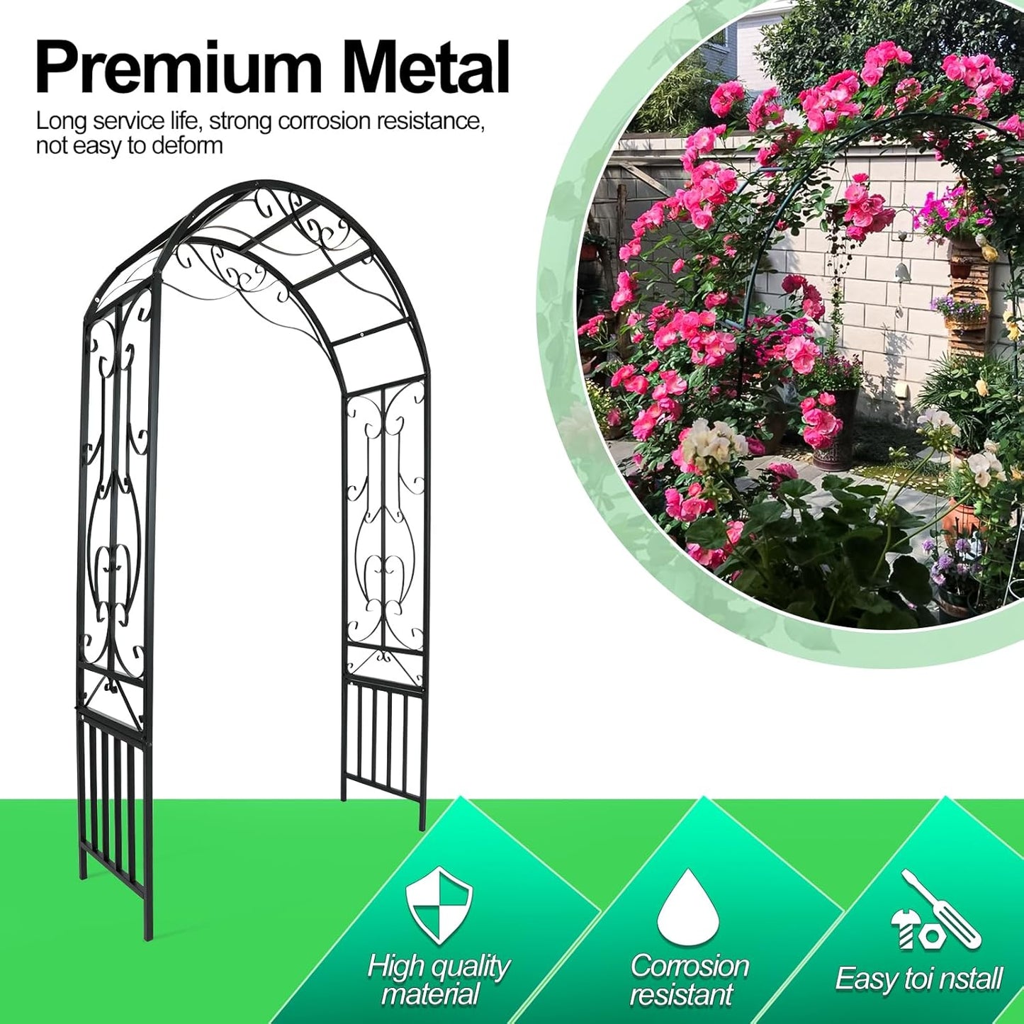 Metal Garden Arch 7.2ft Wide X 3.11 ft High Garden Arbor for for Climbing Plants Roses Vines, Outdoor Garden Lawn Backyard Patio, Garden Wedding Party Decoration