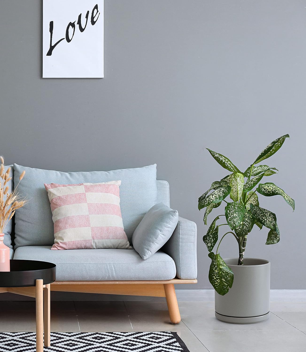 D'vine Dev 10 Inch Ceramic Planter Pot with Drainage Hole and Saucer, Indoor Cylinder Round Planter Pot, Grey, 94-O-E-3