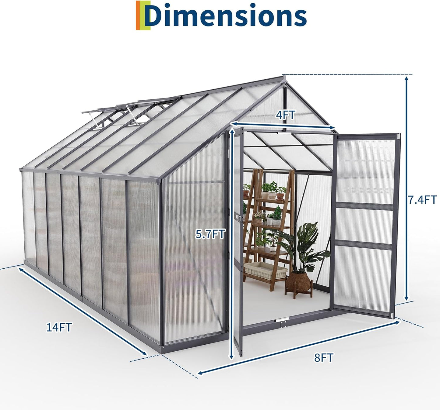 8×14FT Polycarbonate Greenhouse for Outdoors, Large Walk in Green House Kit and Winter Garden Planting, Enhanced Aluminum Green Houses for Outside to Protect Vegetables or Plants
