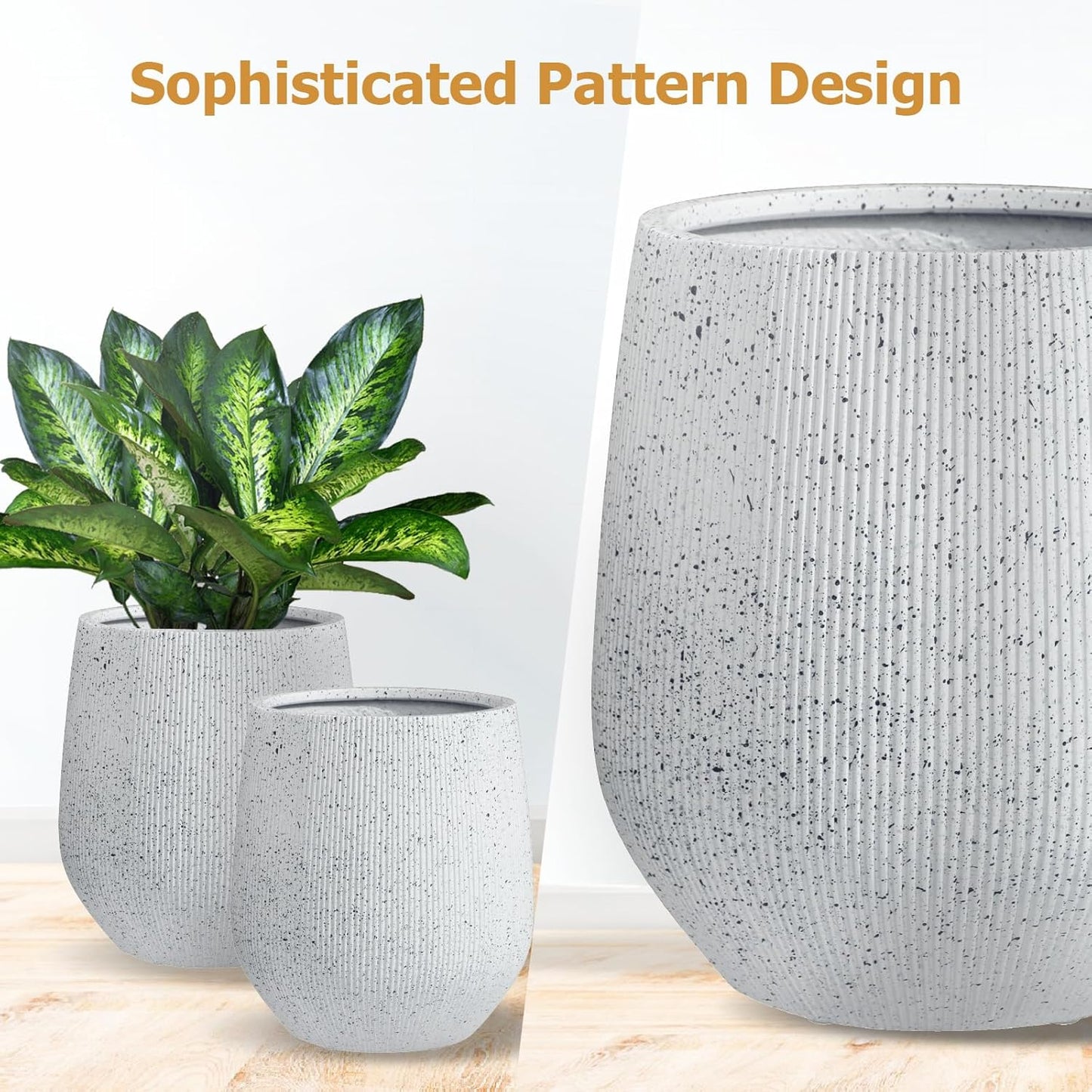 16.5" H x 15" D Ribbed Corso Fiberstone Round Planter with Drainage Hole, Weather Resistant for Indoor and Outdoor Use, Included 2 Extra Coco Mats (Ribbed Speckled White, 11.5" Pot Opening)