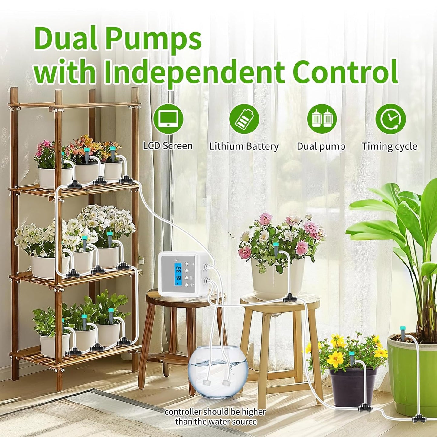 Smart Automatic Plant Watering System for 20 Pots - Dual Pump Indoor Drip Irrigation Kit with 30-Day Programmable Timer & USB-C Charging
