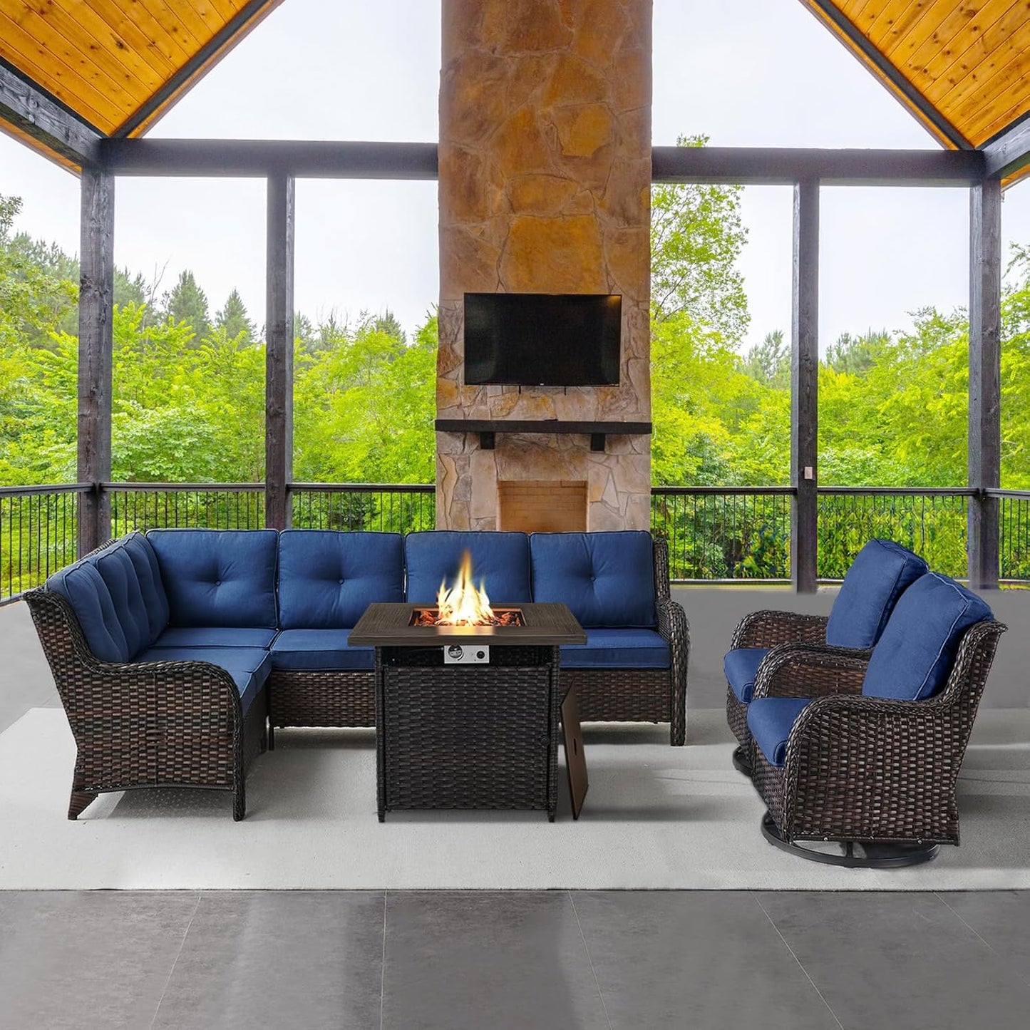 Outdoor Sectional Sofa Furniture Set with Propane Fire Pit Table, Wicker Patio Conversation Set with 2 Swivel Glider Rocker Chairs Blue Cushion Perfect for Backyard Casual Gathering