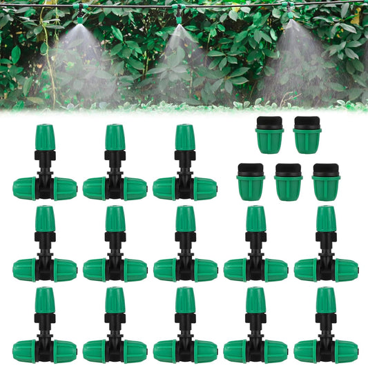 Misting Cooling System with 20 Adjustable Nozzles.20 Lock Barbed 6mm to 1/4 Inch Tee, 5 Lock Barbed End Plugs for Greenhouse Lawn Raised Bed