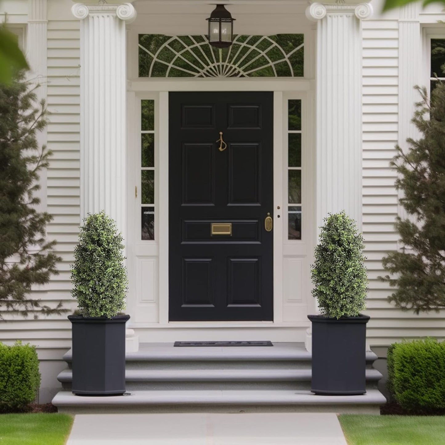 35inch Artificial Topiary Boxwood Tree, Faux Plants Outdoor 2 Packs Fake Bushes Faux Shrub, Artificial Topiary for Outdoors for Home Decor Indoor Front Porch