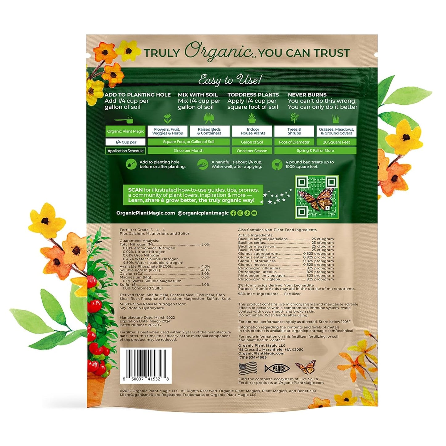 Organic Plant Magic - Truly Organic™ Slow Release Granular Fertilizer : Long-Lasting Plant Food Granules - Indoor & Outdoor Flowers, Vegetable Gardens, Fruit Trees, Shrubs, House Plants [One 4 lb Bag]
