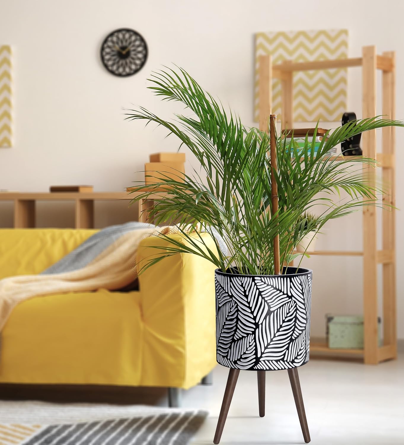 D'vine Dev 14 Inch Planter Pot with Stand, Mid-Century Tall Plant Pot with Legs for Indoor Plants, X-Large, White/Grey, 88-L-D-7