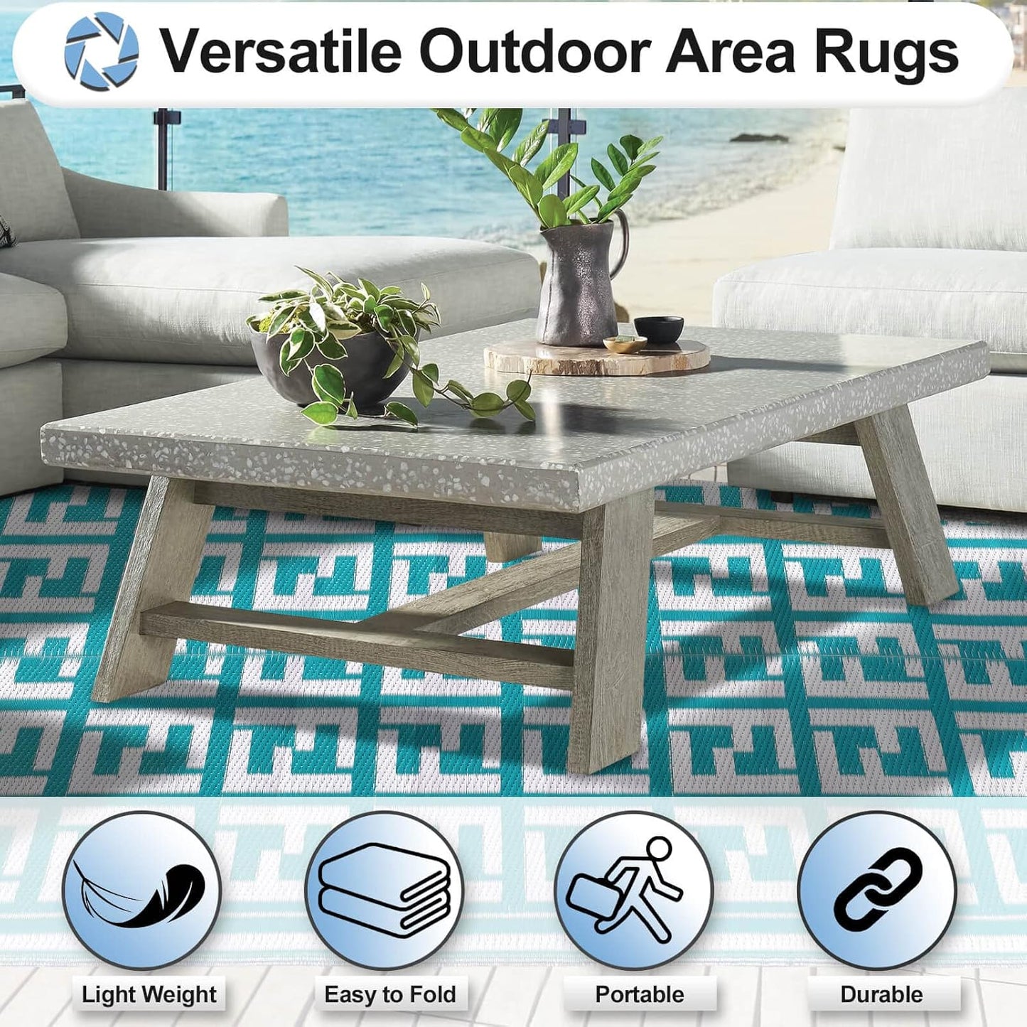 OutdoorLines Outdoor Plastic Area Rugs for Patio 5x8 ft - Reversible Outside Carpet, Stain & UV Resistant RV Mats, Straw Rug for Camping, Deck Garden, Porch and Balcony, Geometry Teal & Light Grey