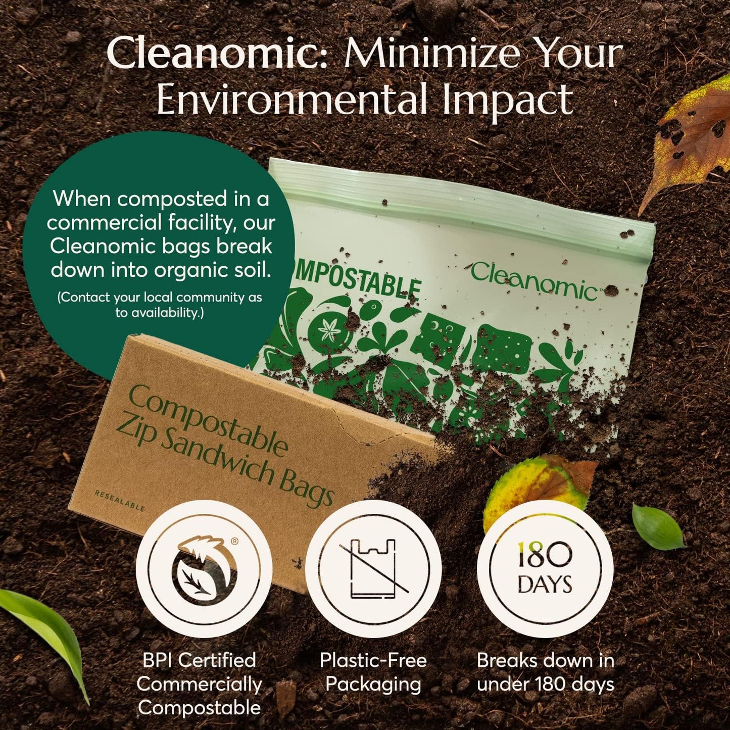 Cleanomic Compostable* Sandwich Size Food Storage Bags (25 Eco Zip) Freezer and Leak Proof, Also Available Gallon, Quart and Snack Size Bags