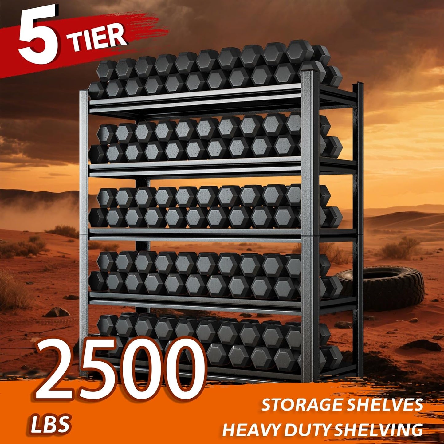 Heavy Duty 5-Tier Shelving Unit 2500LBS Capacity - Adjustable Steel Garage Shelves for Warehouse, Basement Storage(63''H x 45.3''W x 17.7''D)
