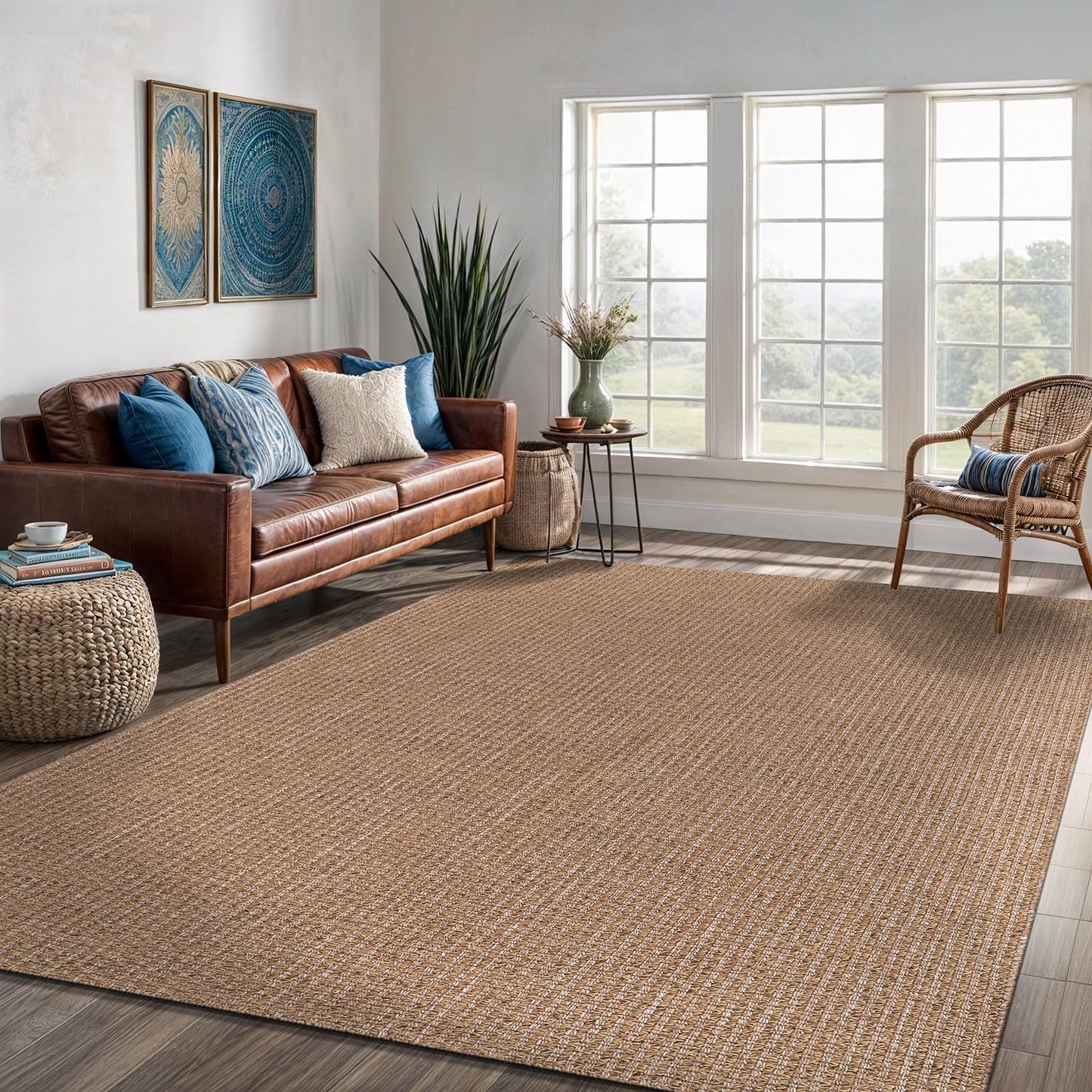 Easy Jute Rug 9x12 Indoor Outdoor Natural Rugs Solid Fiber Rug Woven Area Rug Boho Easy Clean Inside Carpet for Living Room Bedroom Dining Room Hallway or Outdoor Patio Porch (9 X 12 Natural)