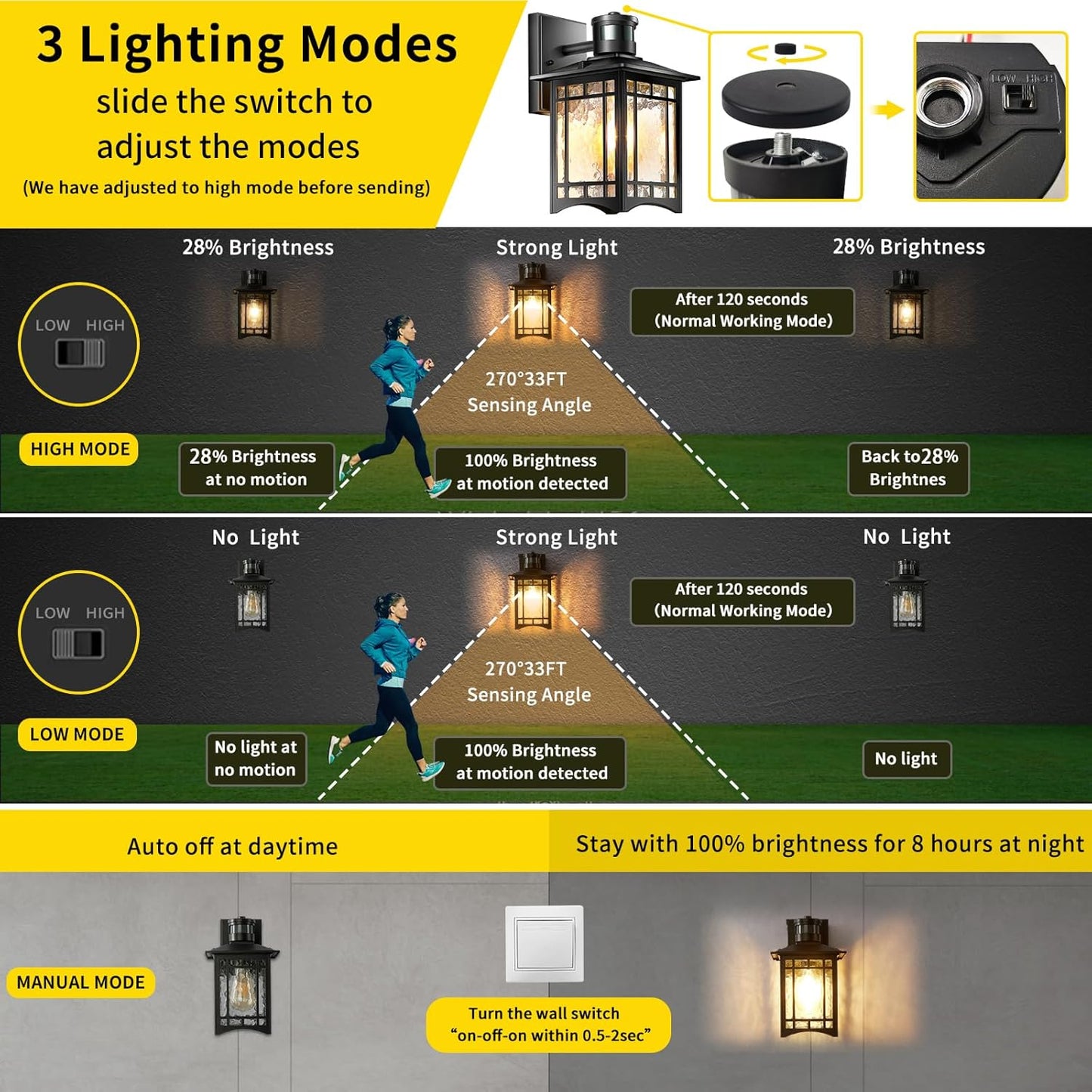 Dusk to Dawn Motion Sensor Outdoor Lights - Dark red Exterior Light Fixture Wall Mount for Outside House Porch Patio Garage - Yard Front Motion Detector Lantern - Waterproof Anti-Rust Lighting