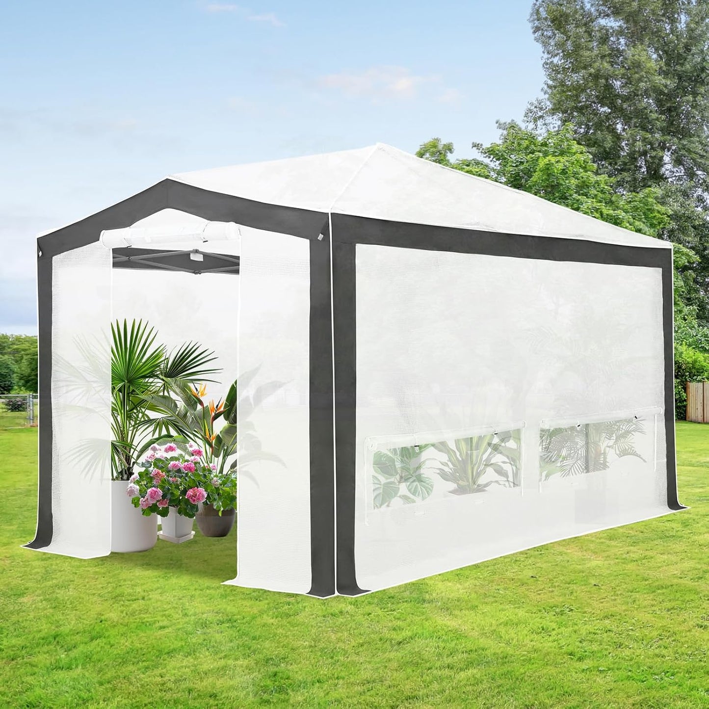 EAGLE PEAK 12x8 Portable Walk in Greenhouse with Polyester Reinforced Corners, Instant Pop up Indoor Outdoor Gardening Green House, Roll Up Zipper Entry Doors and Mesh Windows, Gray/White