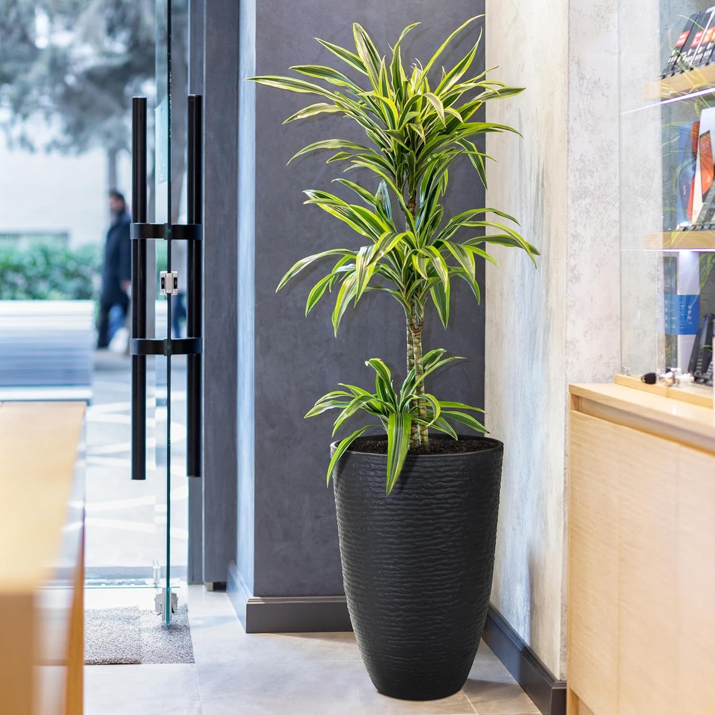 KOL 2-Pack 21in. Tall Plastic Planter - Large Round Tapered Plant Pots with Textured Finish - Black Imitation Stone Looking Big Flower Pots for Indoor & Outdoor Plants - Lightweight and Durable