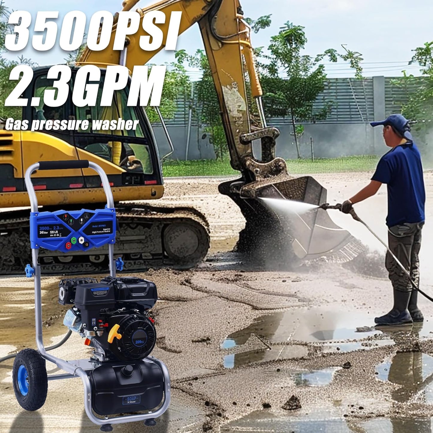 3500 PSI Gas Pressure Washer, 2.3 GPM Power Washer with 209CC Engine, Maintenance-Free Axial Cam Pump, 25FT Hose, 4 Nozzles for Driveways, Walls, Vehicles, Patio (Blue)