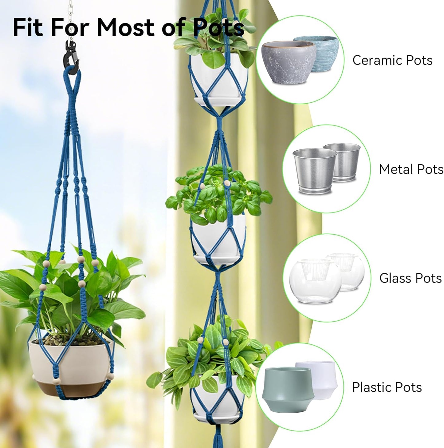 USLAI Macrame Plant Hanger Indoor Outdoor, Up to 4-15 inch Pot, Heavy 20lb Planters, Extra Long Strong Hanging Planter Basket Holder, Boho Home Decor, 35+72 Inch, Blue (POTS NOT Included)