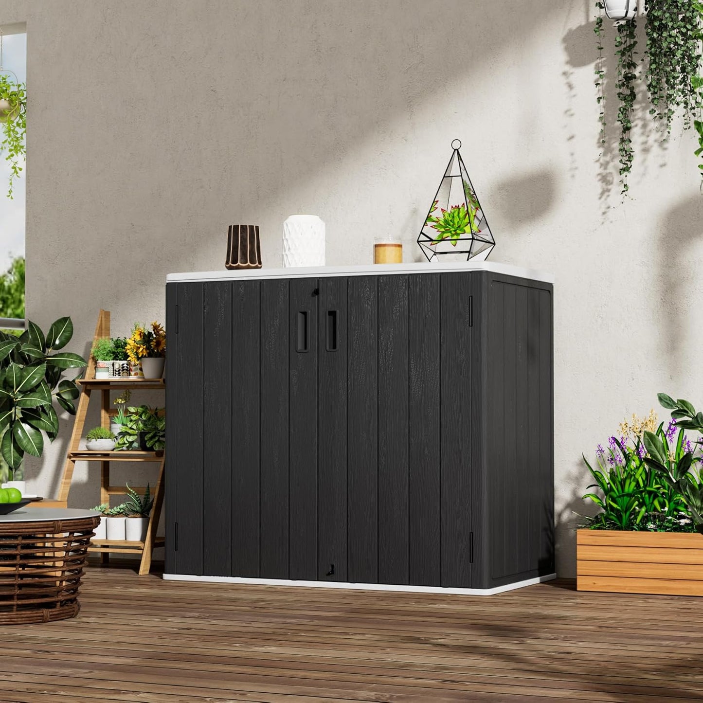 Large Outdoor Storage Box,Resin Sheds&Outdoor Storage Waterproof/Lockable,Outdoor Storage Cabinets for Balcony,Garage,Backyard (37Cu.ft-Black White)