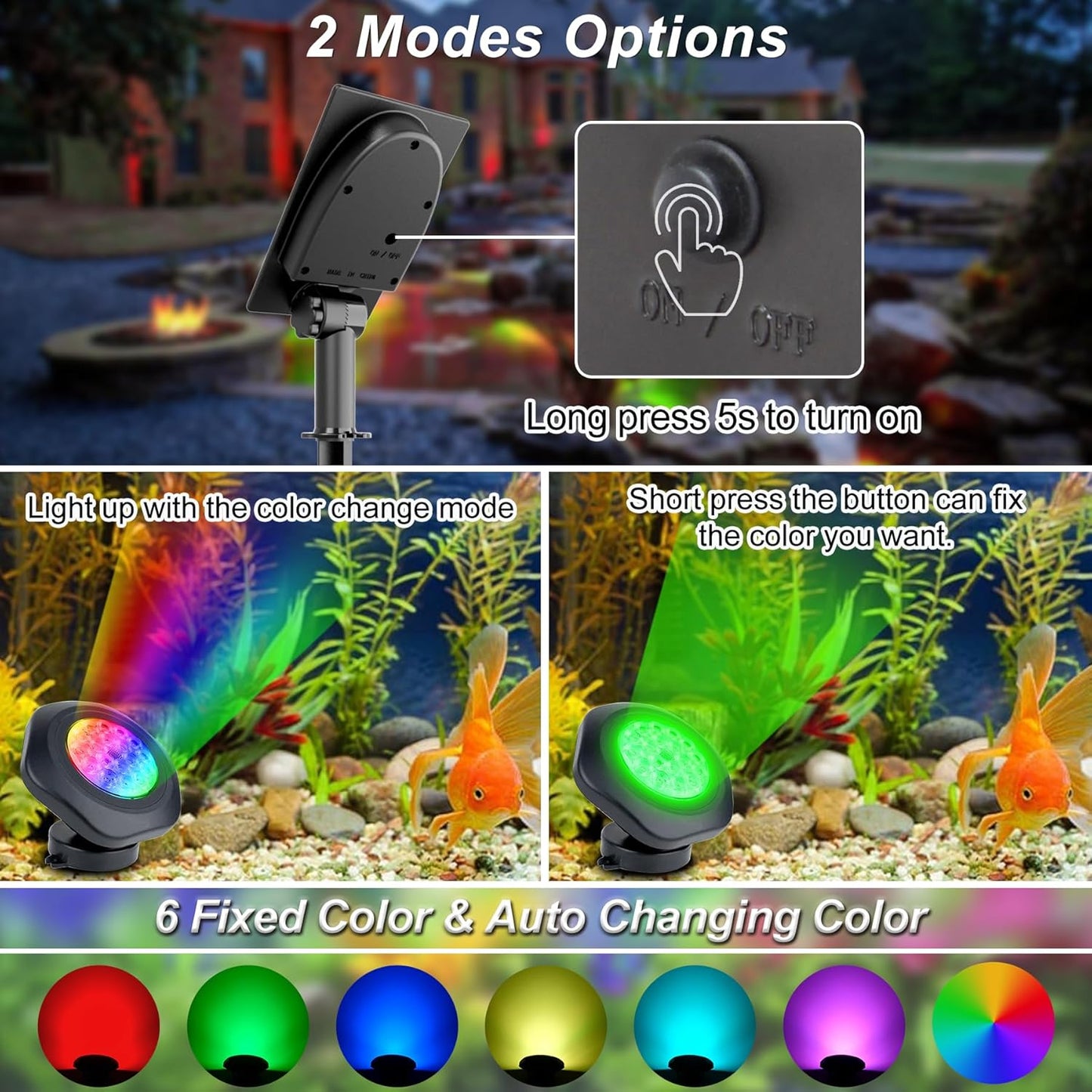 Solar Pond Lights, 18 LED Super Bright RGB LED Underwater Spotlights Color Changing Submersible Pond Light IP68 Waterproof Fountain Lights for Fish Aquarium Tank Garden Yard Pool (2-in-1)