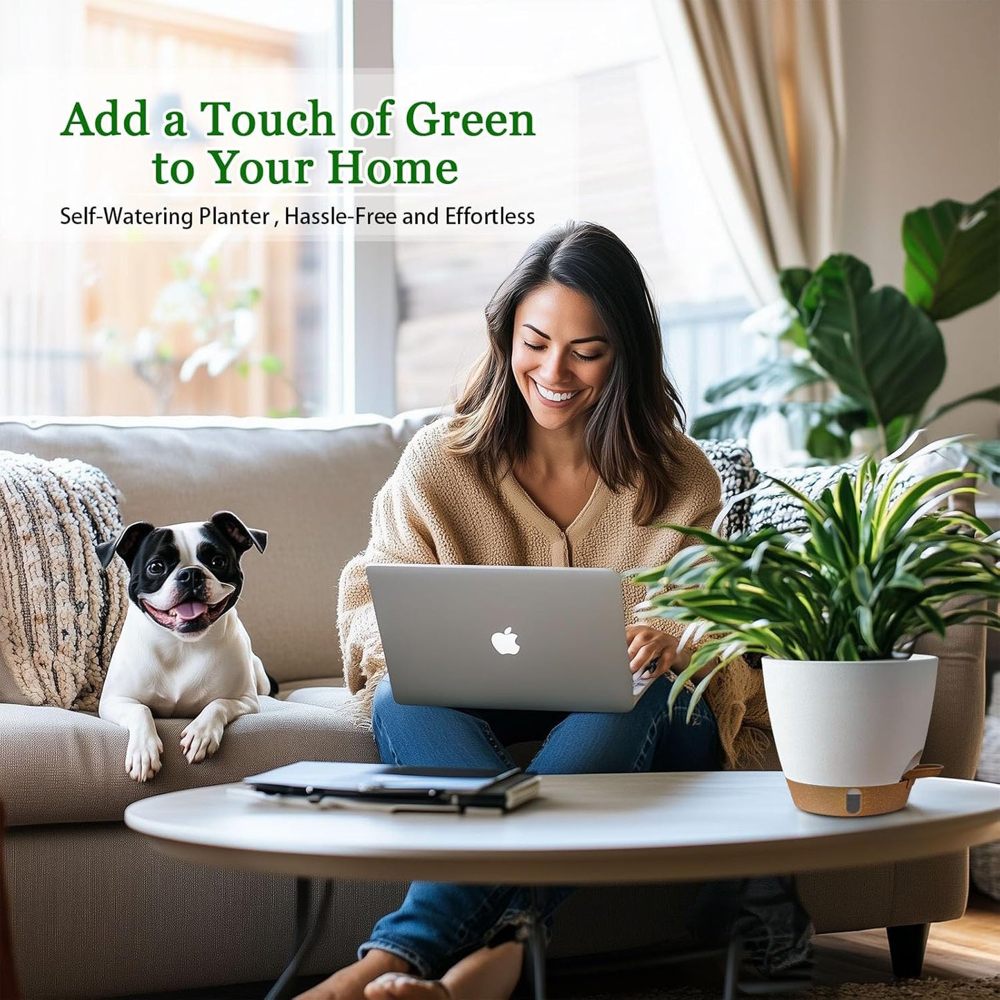 2 Pack 8 Inch Pots for Plants Indoor, Plastic Self Watering Planters with Drainage Holes, Water Level Indicator & Deep Reservoir, Decorative Flower Pots Indoor Outdoor Use (White