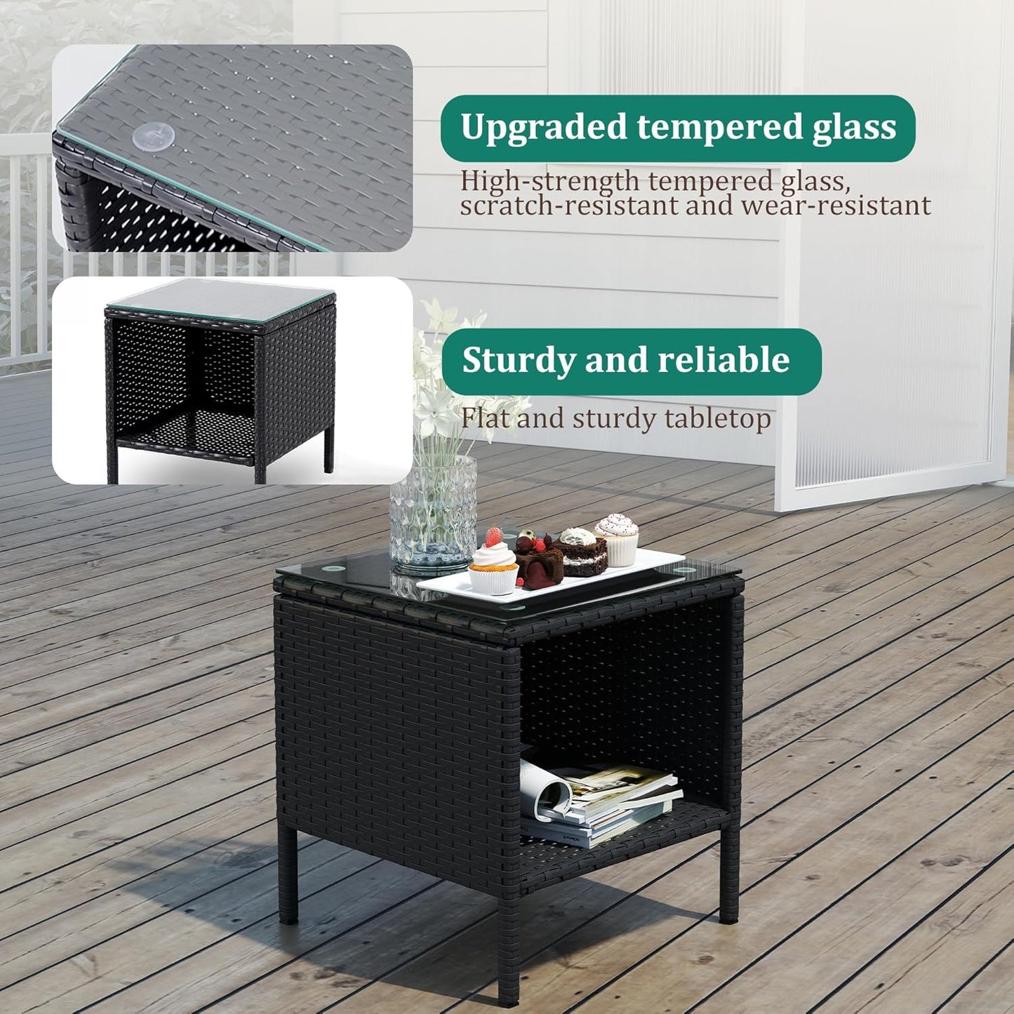 3 Piece Patio Furniture Set - Outdoor Conversation Sets with Coffee Table, Rattan Chair Set for Garden/Poolside, Coffee/Navy Blue