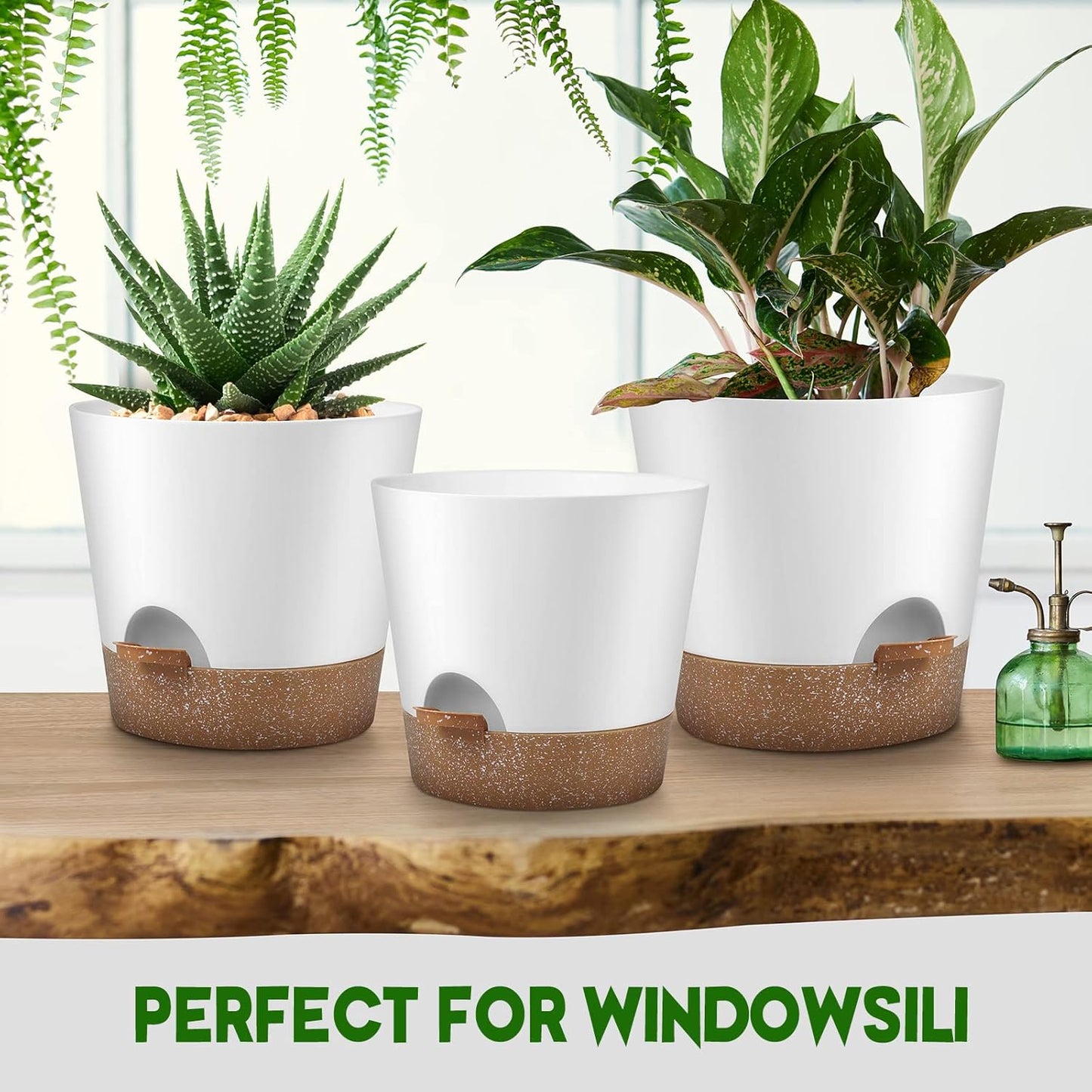 Indoor Outdoor Plant Pots- Self Watering Planters with Drainage Holes and Saucers, 9,8, 7.5 Inches, 3 Pots (Snow)