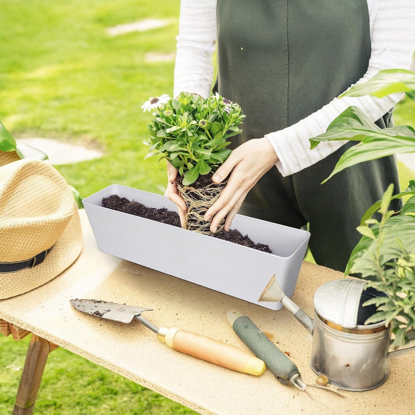 GREANER Window Boxes Planters, 3PCS 16x3.8 Inch Large Herb Planters with Tray, Indoor Succulent Cactus Flowers Vegetable Plastic Rectangle Pots for Balcony, Office, Garden, Outdoor, Windowsill (White)