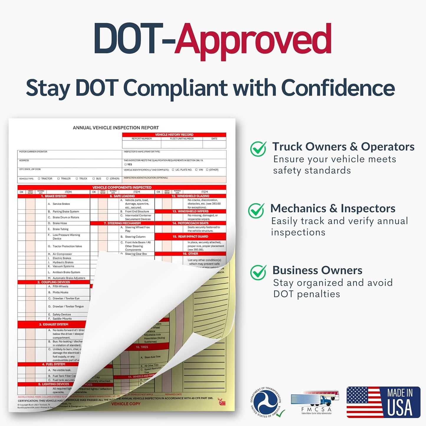 100 Pack 3-Ply Carbonless Annual Vehicle Inspection Report Forms with FMCSA Red Aluminum Adhesive Labels, DOT Inspection Forms and Stickers, Shrink-Wrapped, 8.5" x 11.75" - Made in USA