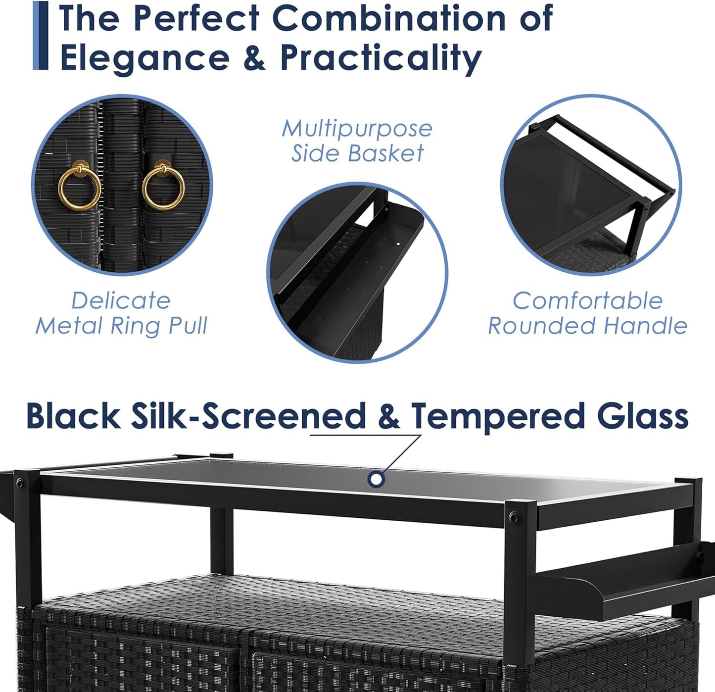 Xilingol Outdoor Bar Table, Wicker Bar Cart with Cabinet, Patio Serving Cart with Tempered Glass Top, Lockable Wheels, Rounded Handle & Side Basket for Garden, Poolside & Backyard, Black