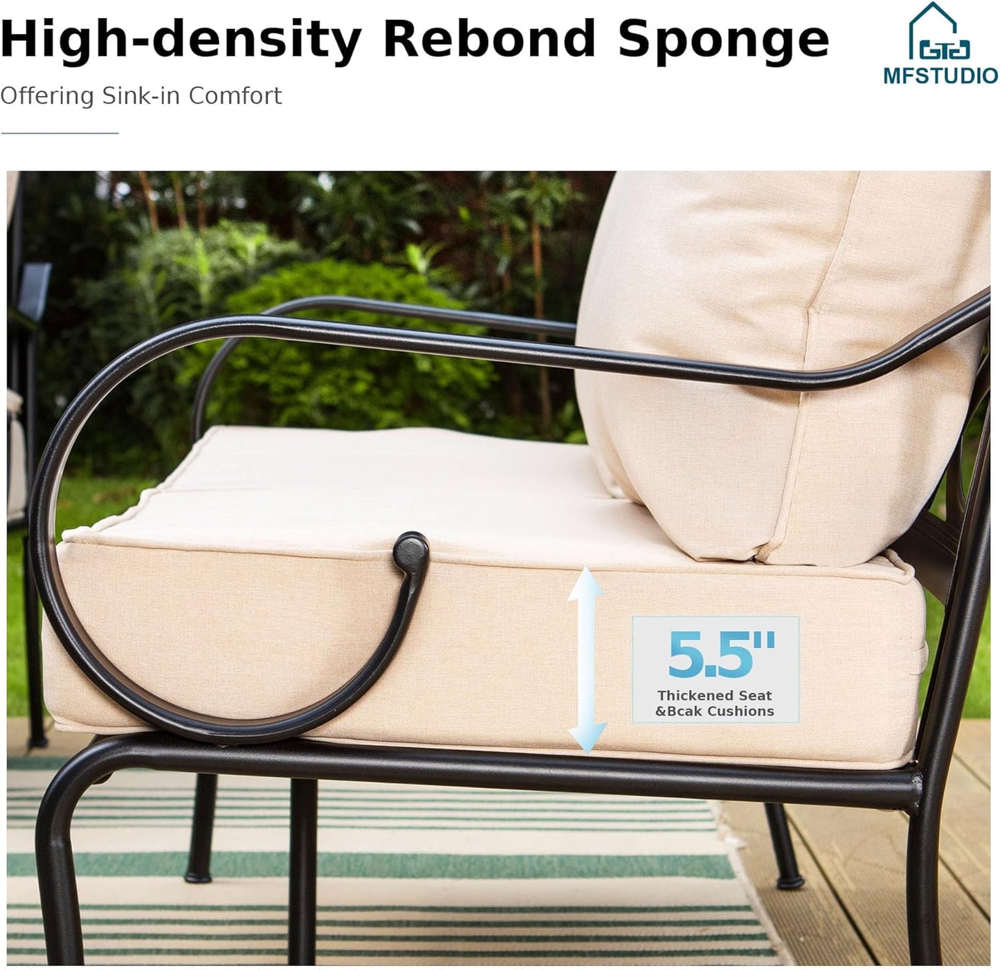 MFSTUDIO 7 Seats Large Metal Patio Conversation Sets, 5 Pieces Outdoor Furniture Sofa with 2 Swivel Chairs, 1 Sofa(3-seat), 1 Loveseat and Table for Outside Balcony Backyard Poolside