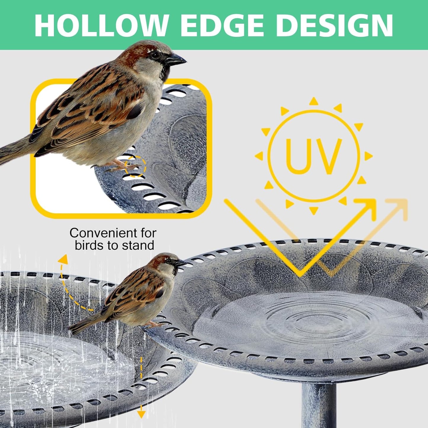 Bird Bath for Outside with 4 Removable Flower Planters 28in Polyresin Lightweight Vintage Birdbath for Outdoors Stake Standing Bowl and Water Feeder Yard Garden Decor Gray