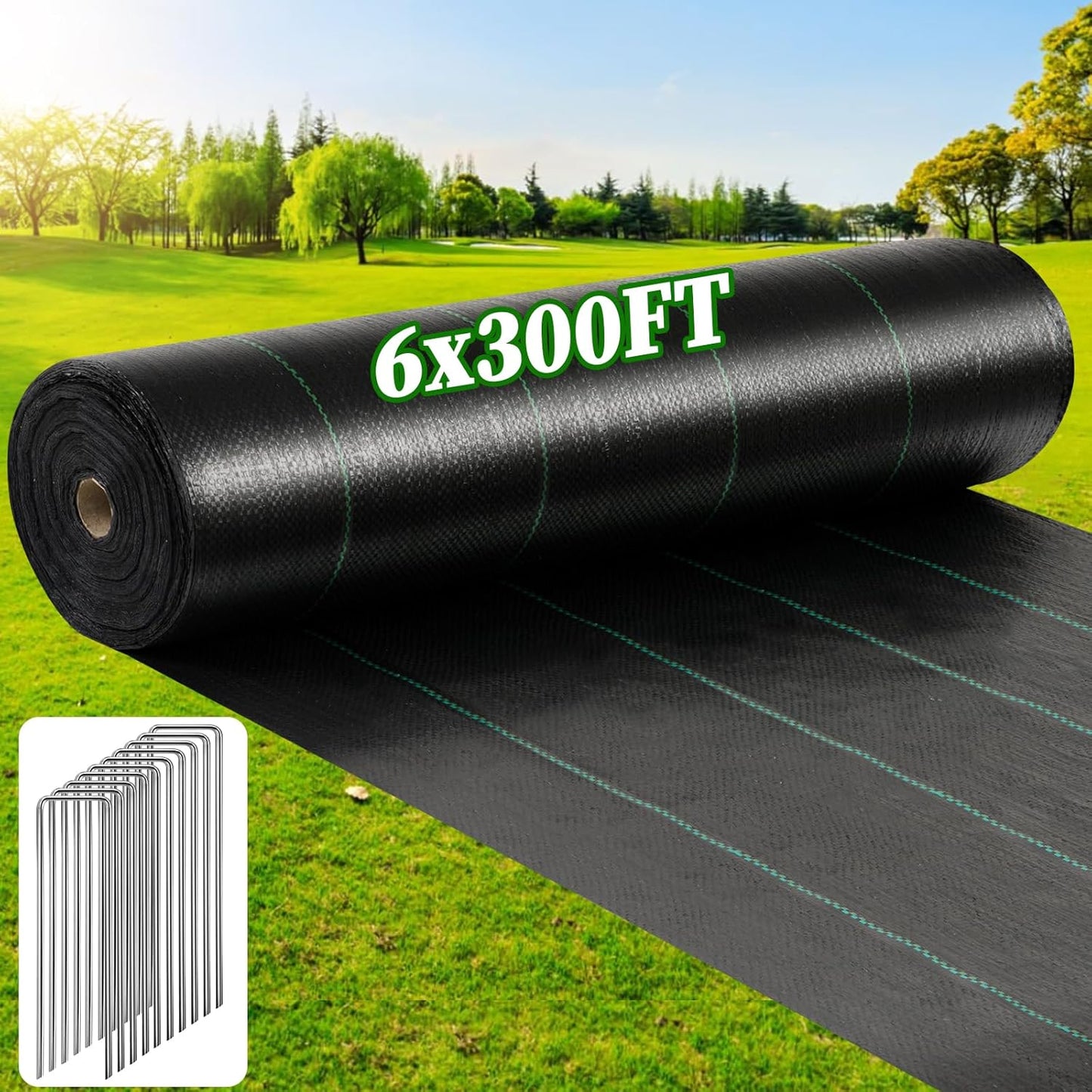 6FT x 300FT Weed Barrier Landscape Fabric, 3.2oz Heavy Duty Woven Geotextile with 60 U-Shaped Pegs & Pre-Printed Cutting Lines, Ground Cover Colth Garden Bed Liner for Landscape, Driveway, Greenhouse