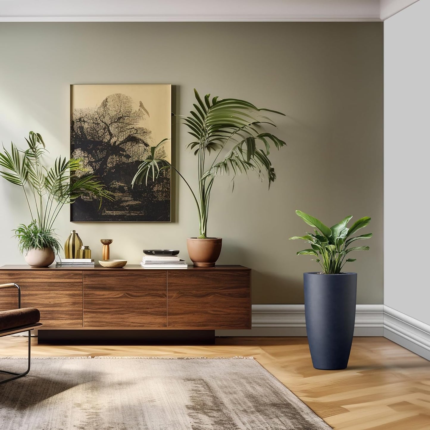 Kante 23.6" H Charcoal Concrete Tall Planters (Set of 2), Large Outdoor Indoor Decorative Plant Pots with Drainage Hole and Rubber Plug, Modern Style for Home and Garden