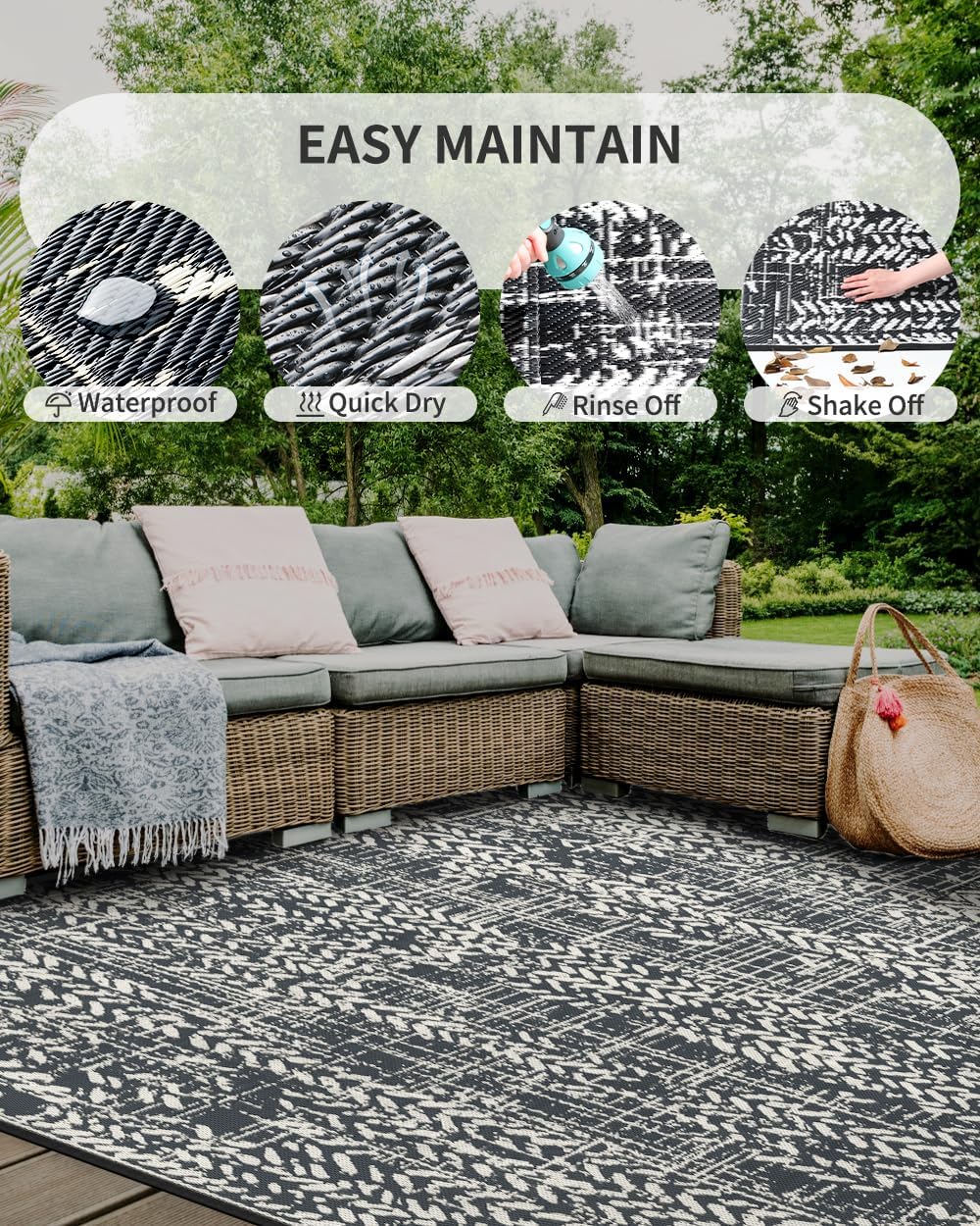 MontVoo Outdoor Rug 9x12 Waterproof-Patio Rug Outdoor Carpet Reversible RV Camping Picnic Plastic Straw Rug Outside Outdoor Area Rug for Balcony Deck Backyard Patio Decor Boho Modern Abstract Grey
