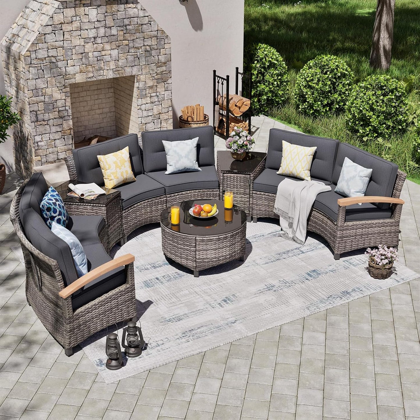 9 Piece Outdoor Patio Furniture Set, Half-Moon Curved Sectional Sofa Rattan Conversation Set with Wood Armrests, Coffee Table & Side Table（Grey）