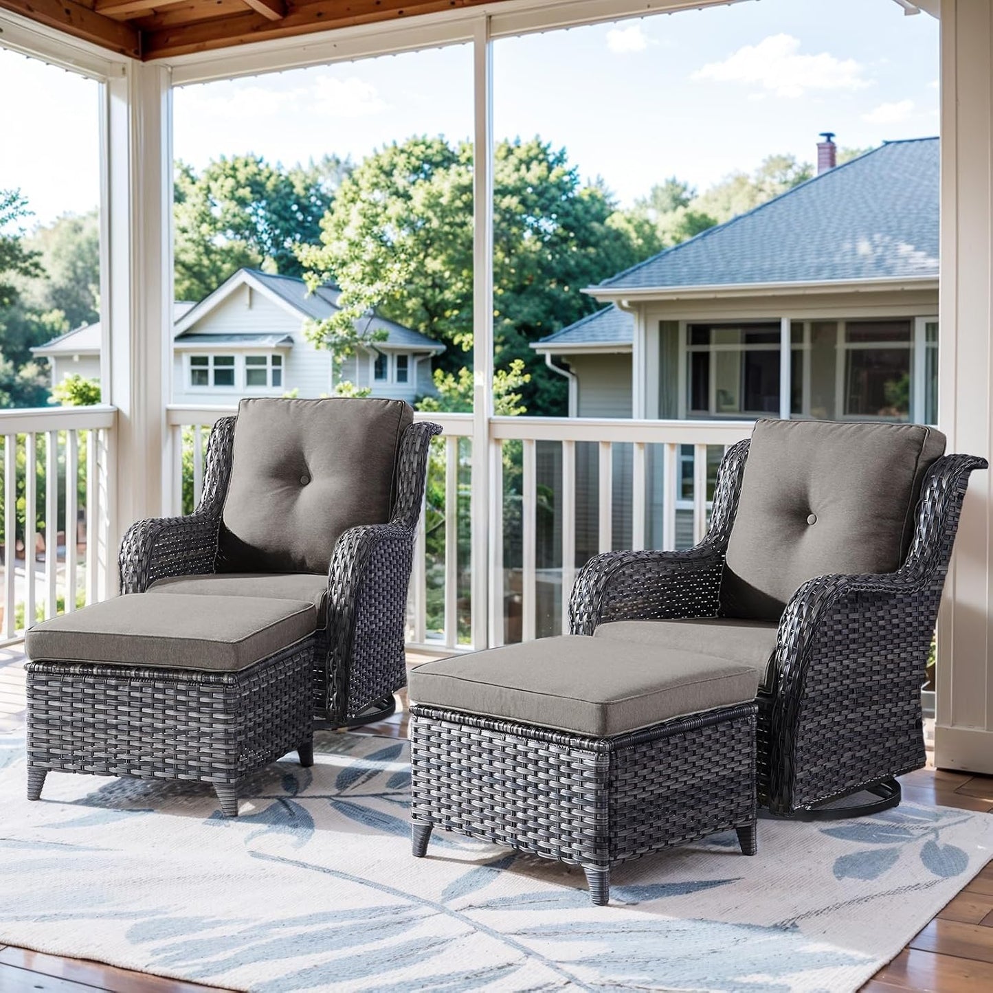 4 Pieces Patio Furniture Sets, Wicker Patio Swivel Glider Chair with Ottomans, Outdoor Furniture Set for Outside Porch, Deck, Balcony, Garden