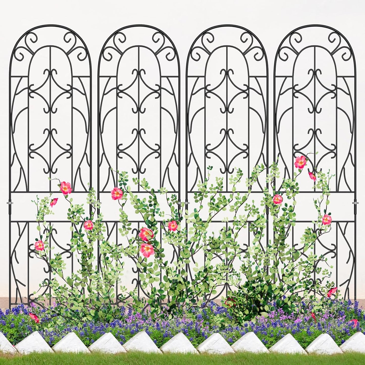 4 Pack Metal Garden Trellis for Climbing Plants, Black Metal Garden Trellis for Vines Plant Rose Vegetable Support,Large Decorative Outdoor Trellis