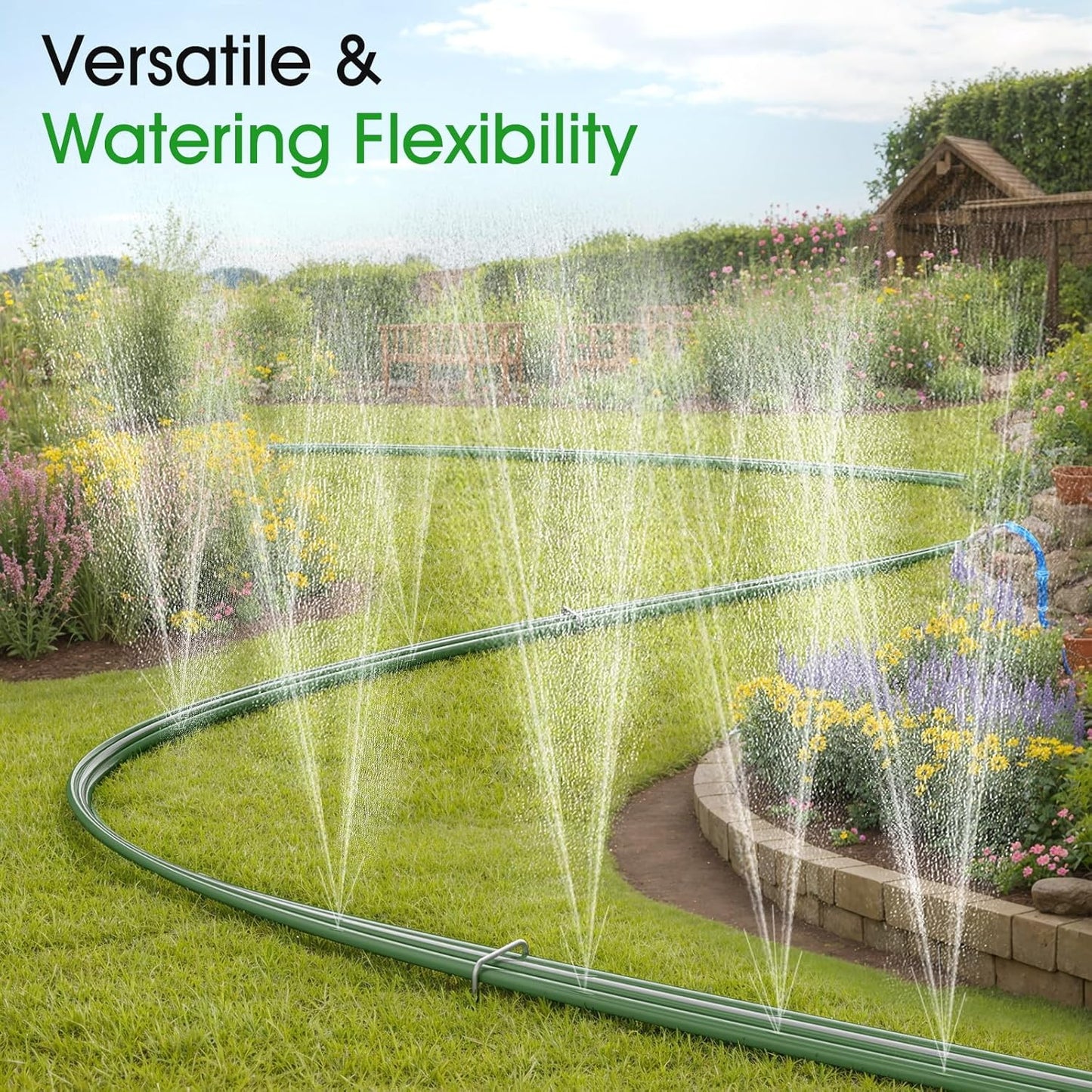 50 FT Sprinkler Soaker Hose for Garden Lawn, Durable Flat Water Hose with 10 Stakes, Water-Saving Irrigation Tubing with Multi-Directional Spray (Up to 8 FT Range)