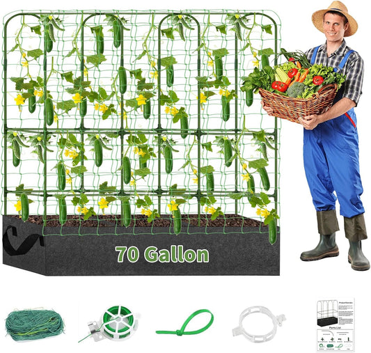 PASARA Cucumber Trellis with Grow Bag - Garden Trellis for Climbing Vegetables, 65 X 50 Inch Large Metal Trellis for Climbing Plants Outdoor, Including Twist Ties, Clips, Ties, Nylon Garden Lattice