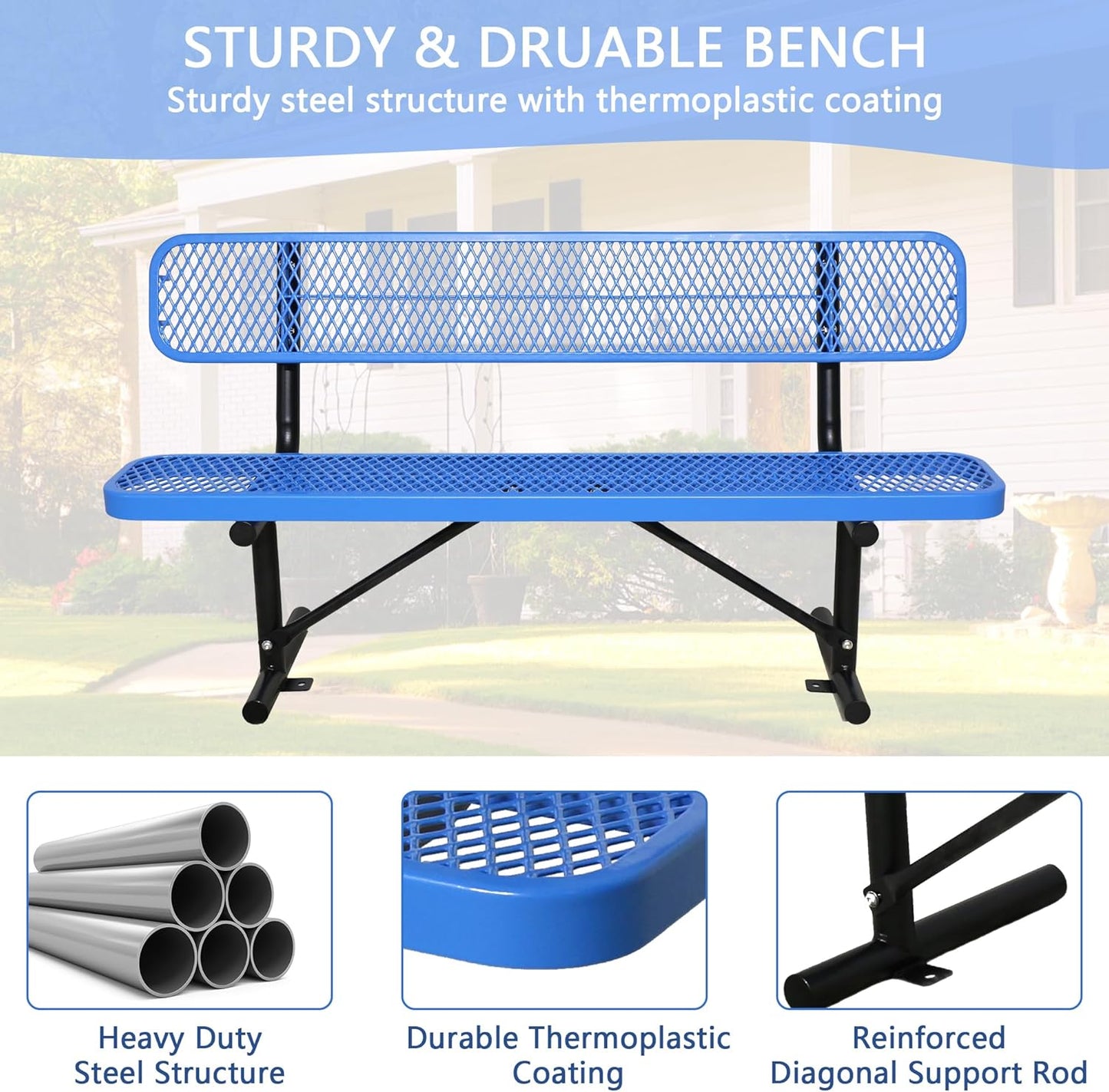 6 FT Steel Park Bench for Outside, Outdoor Bench with Backrest & Portable Frame, Commercial Benches for Shopping Mall, Store, Park, Patio, Deck, Blue