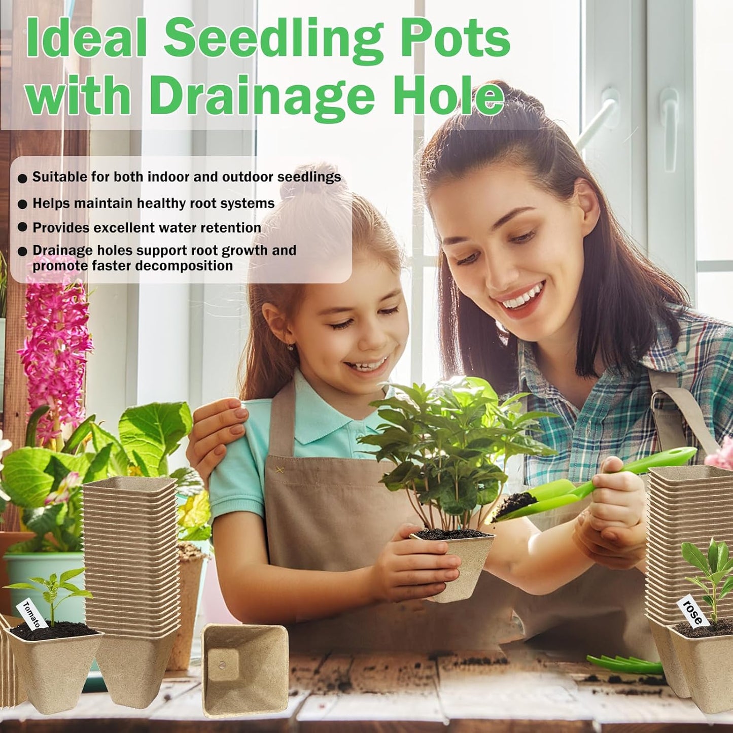 70-Pack 3.15 inch Square Peat Pots for Seedlings with Drainage Holes, Nursery Pots with 100 Labels for Plants