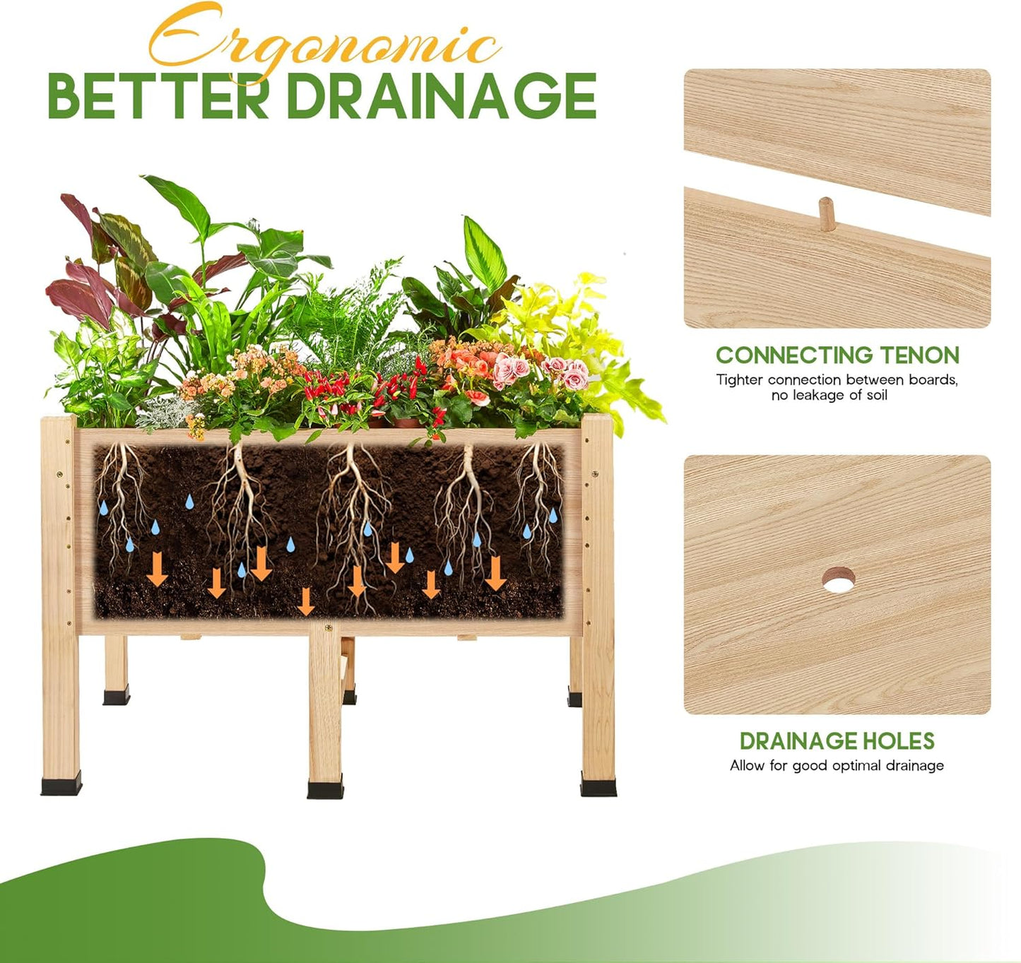 Amerlife 4x2 Ft Raised Garden Bed - Features Legs, Drainage Holes, 16 Inch Depth Ideal for Vegetables, Flowers, Herbs, Elevated Wood Planter Box for Balcony, Patio, and Backyard, Easy Assembly